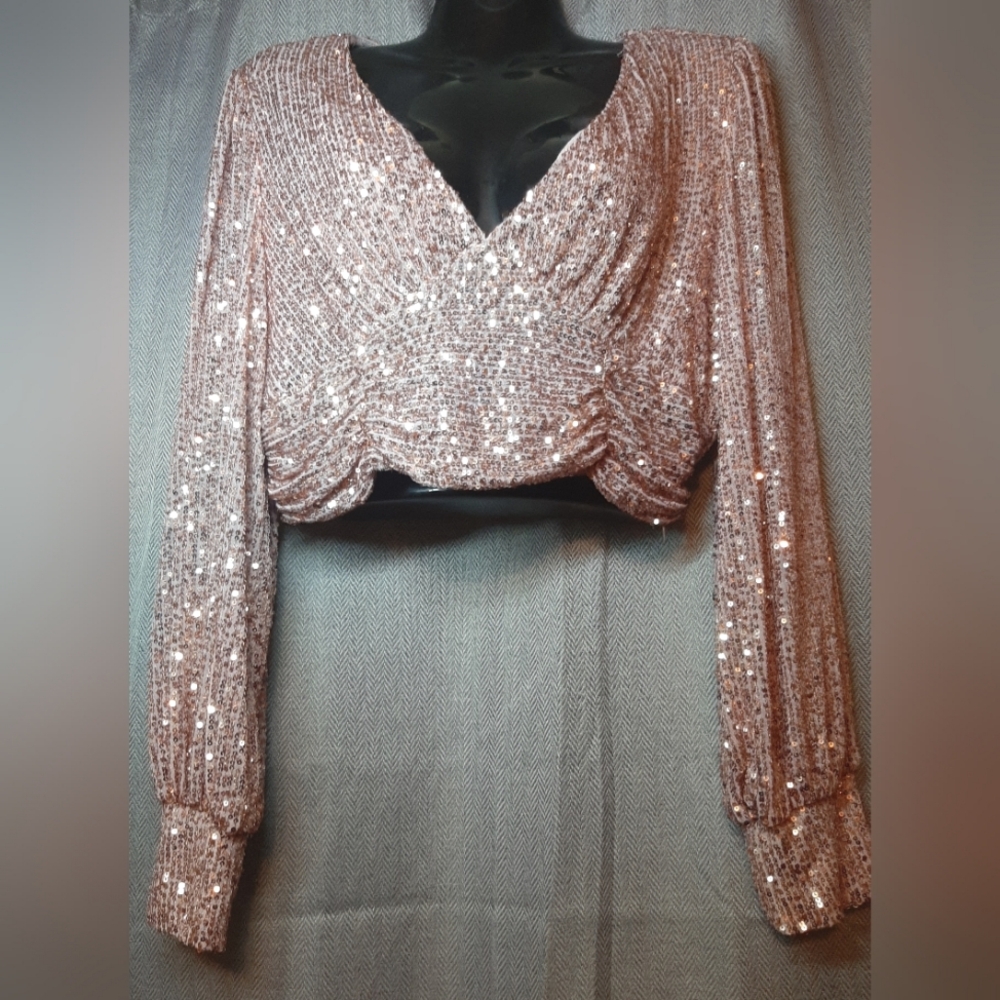 Sincerely Jules Sequin Of Events "Blush" Sequin Surplice Long Sleeve Crop Top XL